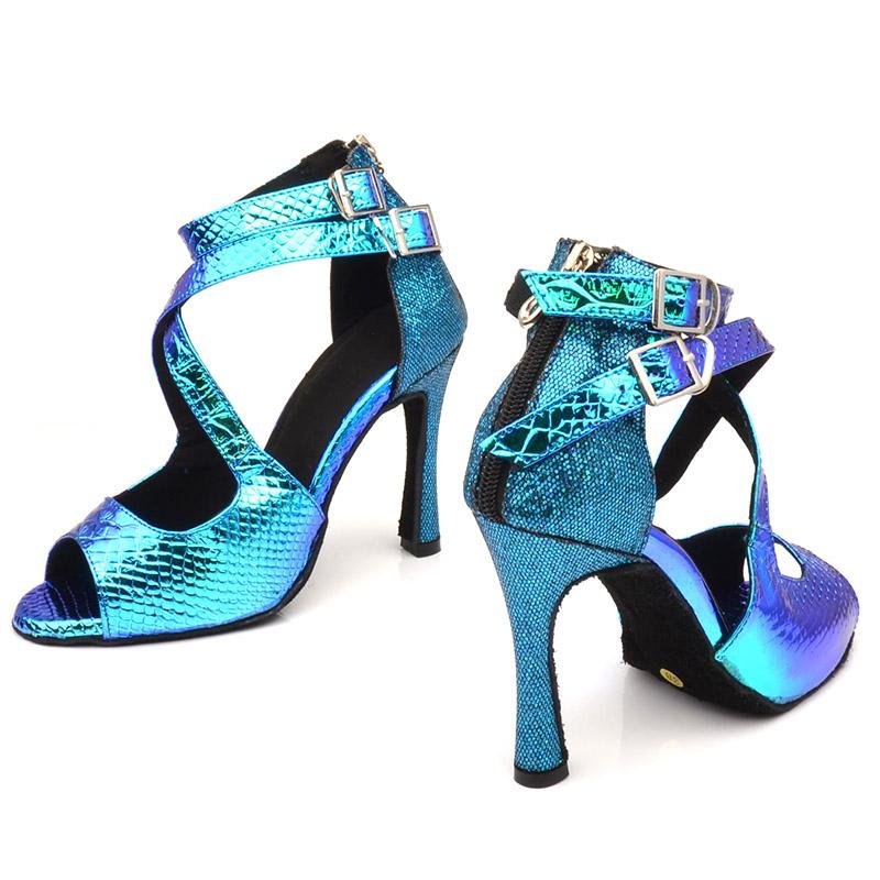 Custom Made Latin Dance Shoes - Double Stripe Snake Blue - Sydney Social Baila