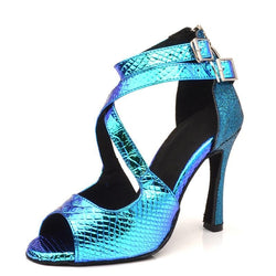 Custom Made Latin Dance Shoes - Double Stripe Snake Blue - Sydney Social Baila